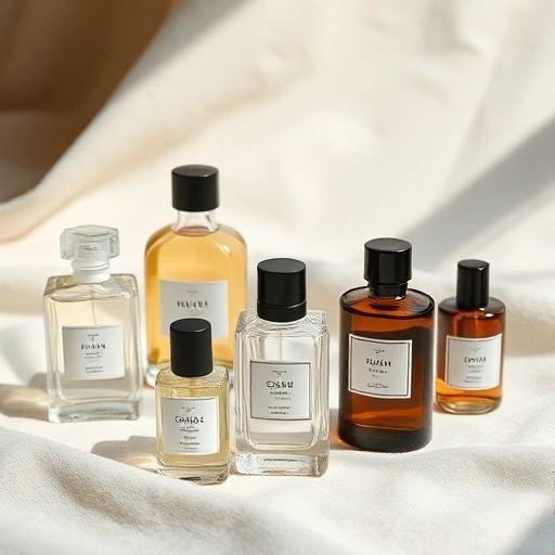 A collection of elegant, minimalist perfume bottles arranged on a soft linen surface, with subtle natural light highlighting their glass contours and delicate labels, evoking a sense of everyday sophistication and quiet luxury