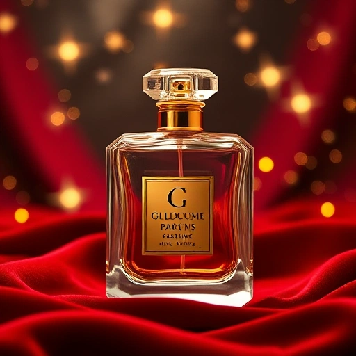 A luxurious perfume bottle with golden accents, surrounded by sparkling stars and soft glowing light, placed on a velvet red cloth, elegant and high-end, cinematic lighting, ultra-detailed, 8K resolution