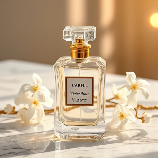 A luxurious perfume bottle made of clear crystal with a gold cap, placed on a marble surface with soft natural light, surrounded by delicate white flowers and a faint golden glow, evoking elegance and perfection