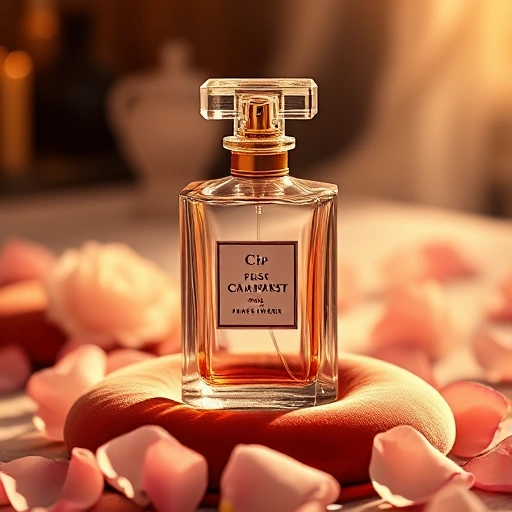 An elegant, luxurious perfume bottle made of crystal glass with gold accents, placed on a velvet cushion in soft golden lighting, surrounded by delicate rose petals and a faint mist of fragrance, evoking sophistication and wealth, no text or labels visible
