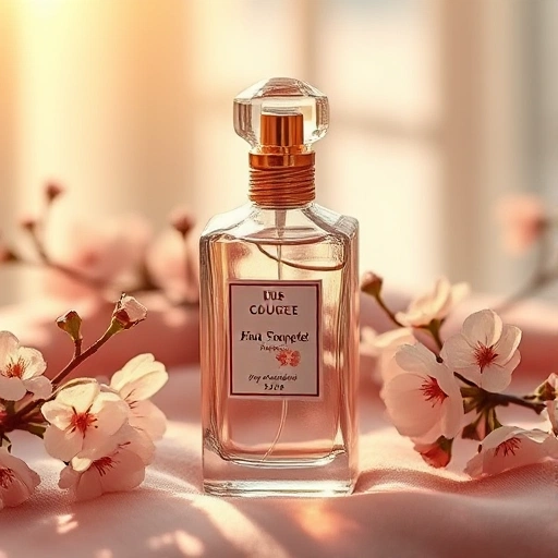 An elegant perfume bottle with a delicate floral design, placed on a soft velvet surface, surrounded by blooming flowers and gentle golden light, evoking inspiration and sophistication