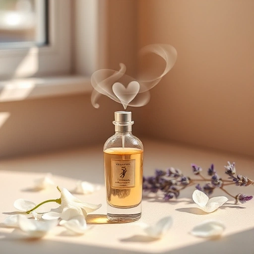 A serene and elegant composition representing perfume for soul and body: a delicate glass perfume bottle with soft golden liquid, surrounded by floating petals of white jasmine and lavender, subtle wisps of aromatic vapor forming abstract shapes of a heart and a human silhouette, soft natural light from a nearby window casting gentle shadows, minimalist background in warm beige tones, evoking tranquility, luxury, and inner harmony