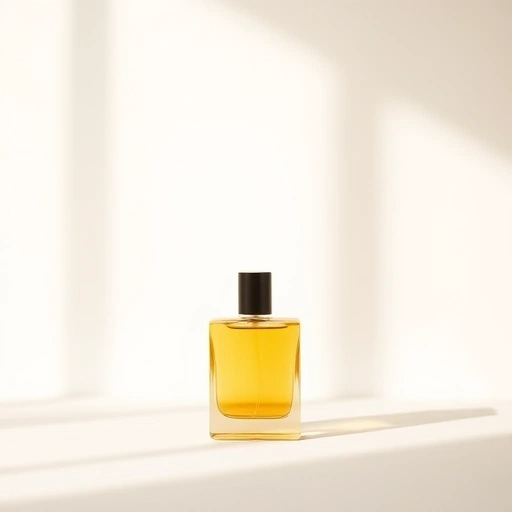 A minimalist, elegant perfume bottle on a soft neutral background, with subtle light reflections and a sense of quiet confidence, evoking authenticity and self-expression, no text or labels visible