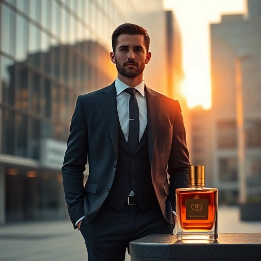 A confident man in a modern urban setting, wearing a tailored suit, standing with poise near a minimalist glass building at golden hour, subtle scent trails visualized as soft, elegant wisps of amber and woody notes floating around him, luxurious perfume bottle on a nearby surface reflecting warm light, high detail, photorealistic, sophisticated atmosphere