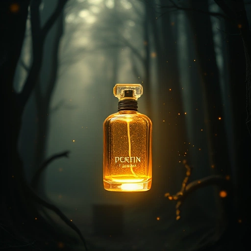 A mystical perfume bottle glowing with soft golden light, floating in a dark enchanted forest filled with ancient trees and floating sparkles, delicate wisps of fragrant mist swirling around it like invisible spells, ethereal and dreamlike atmosphere, ultra-detailed, cinematic lighting, smallHQ style