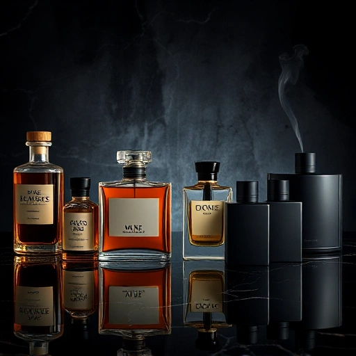 A sophisticated collage of classic and modern men's fragrances: vintage glass bottles with amber liquid and wooden caps on one side, sleek minimalist metallic flacons with matte black finishes on the other, arranged symmetrically on a dark marble surface with soft directional lighting highlighting reflections and subtle vapor trails rising from each bottle, evoking elegance and timeless appeal