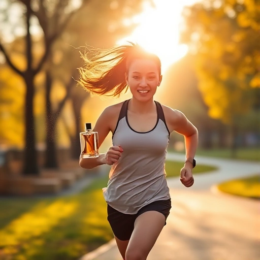 A dynamic, energetic scene of a young person jogging through a sunlit urban park at golden hour, wearing modern athletic wear and holding a sleek, minimalist perfume bottle in one hand, with a light mist of fragrance visible in the air around them, conveying freshness and vitality; background includes blurred trees, a winding path, and soft sunlight filtering through leaves, emphasizing motion and an active lifestyle