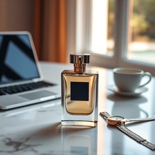 A modern, elegant perfume bottle on a sleek marble surface, surrounded by subtle hints of a busy woman's lifestyle: a slim laptop, a minimalist watch, and a single coffee cup, all softly blurred in the background. Warm natural light from a nearby window casts gentle highlights. The atmosphere is calm, sophisticated, and time-efficient — reflecting luxury for the on-the-go woman. No text, no logos, no people.