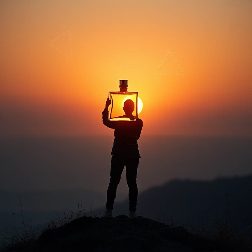 A confident person standing on a hill at sunrise, holding a sleek perfume bottle that glows softly with golden light, symbolizing belief in the future, with abstract light trails and floating geometric shapes representing ambition and destiny, minimalist and elegant composition, soft focus background, ethereal atmosphere