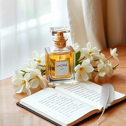 A serene, elegant still life of a crystal perfume bottle with golden accents, surrounded by blooming white jasmine flowers, soft morning light filtering through a linen curtain, a single open notebook with faint handwritten inspirational quotes in cursive, and a delicate feather resting beside it — all on a warm marble surface, evoking quiet inspiration and refined luxury