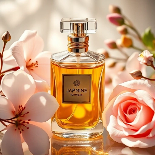 A sophisticated perfume bottle with golden liquid inside, surrounded by delicate flowers like jasmine and rose, soft natural lighting, elegant glass reflections, luxurious atmosphere, high detail, professional product photography style
