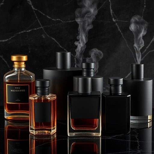 A sophisticated collage of classic and modern men's fragrances: vintage glass perfume bottles with amber liquid and brass caps on one side, sleek minimalist modern flacons with matte black and metallic finishes on the other, arranged symmetrically on a dark marble surface with soft directional lighting highlighting reflections and subtle mist rising from the bottles, evoking timeless elegance and contemporary refinement