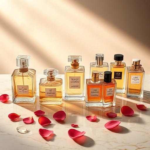 A luxurious collection of legendary fragrances from world-renowned brands, displayed on an elegant marble surface with soft golden lighting, each bottle uniquely designed — some with intricate crystal stoppers, others with minimalist glass and metallic accents, surrounded by delicate floating petals and subtle wisps of aromatic vapor, evoking sophistication and timeless allure