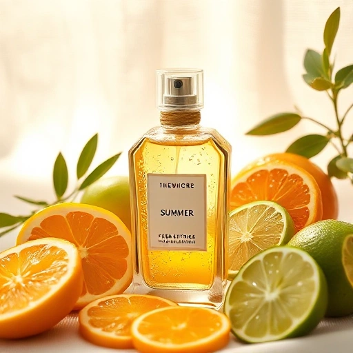 A vibrant summer perfume bottle with fresh citrus notes, surrounded by sliced lemons, limes, and oranges, droplets of water glistening on the glass, soft golden sunlight filtering through a light linen background, minimalist and elegant composition, high detail, photorealistic