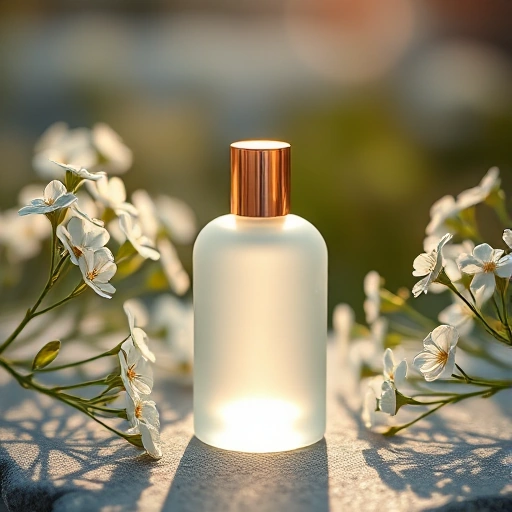 A serene, minimalist perfume bottle made of frosted glass with a soft golden cap, placed on a smooth stone surface surrounded by delicate white flowers and gentle morning light, evoking calm and harmony