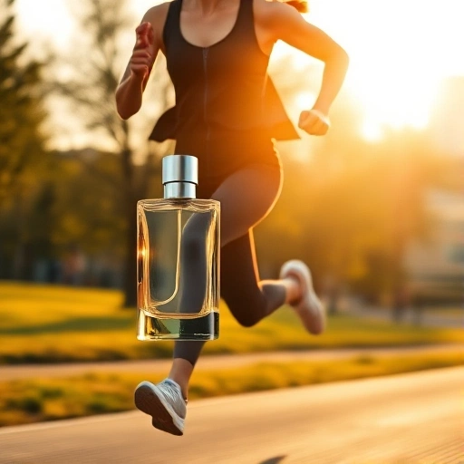 A dynamic, energetic scene of a person mid-motion — running through a sunlit urban park at golden hour, wearing modern athletic wear, with a sleek, minimalist perfume bottle floating gently beside them, catching the light. The bottle is transparent with a subtle metallic cap, reflecting the environment. Background shows blurred trees, distant city skyline, and motion blur to emphasize speed and vitality. No text, logos, or words visible anywhere in the image.