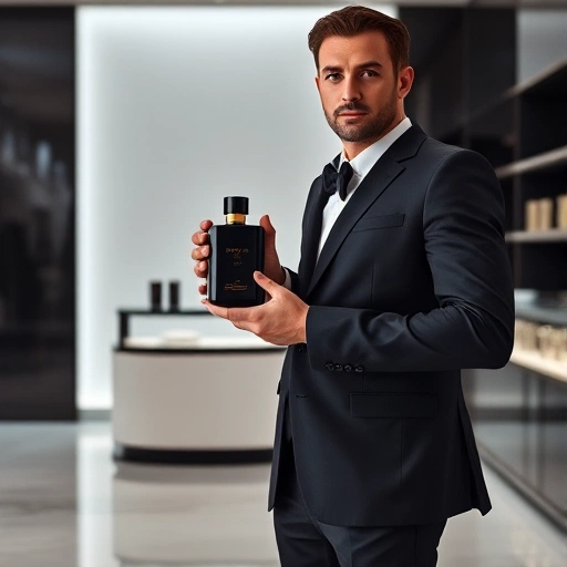 A confident man in a modern suit standing in a minimalist luxury boutique, holding a sleek dark glass perfume bottle with gold accents, soft ambient lighting, high-end retail environment, subtle reflections on polished marble floor, no text or logos visible