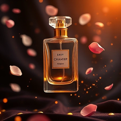 A luxurious perfume bottle made of clear glass with golden accents, floating in a dreamy, ethereal atmosphere filled with soft glowing particles, delicate floral motifs like jasmine and rose petals swirling around it, warm amber light radiating from within, subtle reflections on a dark velvet background, evoking elegance and mystery of a journey into the world of perfumery