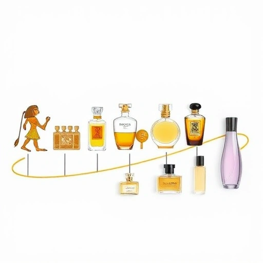A chronological timeline of perfume history: ancient Egyptian hieroglyphs showing perfume distillation, Roman glass perfume bottles, medieval alchemists with alembics, 18th-century French perfumers at a Versailles-style court, and modern sleek perfume bottles on a minimalist white background, all connected by a subtle golden thread symbolizing the evolution of scent