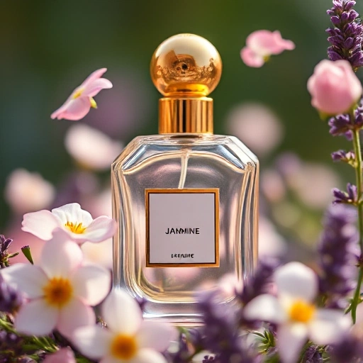 A close-up of an elegant glass perfume bottle with a golden cap, surrounded by floating delicate flowers like jasmine, rose, and lavender, soft natural light, shallow depth of field, luxurious and serene atmosphere