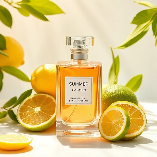 A vibrant summer perfume bottle surrounded by fresh citrus fruits like lemon, lime, and bergamot, with light rays and a breezy atmosphere, evoking freshness and lightness, minimalist elegant composition, soft natural lighting