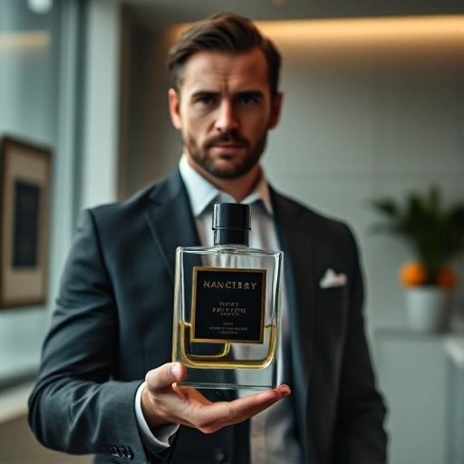 A sophisticated man in a modern setting, holding a sleek glass perfume bottle with a dark, elegant label, surrounded by subtle hints of masculine fragrance notes like cedarwood, vetiver, and citrus — soft ambient lighting, minimalist background, high detail, photorealistic