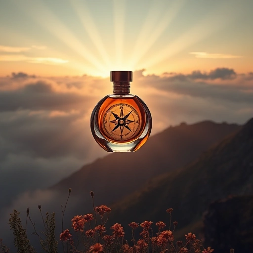 A luxurious perfume bottle shaped like a vintage compass, floating above a misty mountain landscape at golden hour, with soft rays of sunlight piercing through clouds, wildflowers blooming at the base, and faint trails of glowing amber and sandalwood scent swirling in the air like ethereal ribbons — evoking the spirit of adventure and wanderlust, ultra-detailed, cinematic lighting, smallHQ style