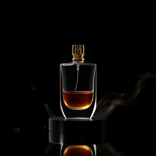 A modern, minimalist perfume bottle with a sleek glass design, half-filled with a glowing amber liquid, floating slightly above a reflective black surface. Around it, subtle abstract swirls of translucent gold and silver mist suggest transformation and change. Soft, diffused lighting from above creates gentle highlights and shadows. No text, no labels, no logos, no people, no additional objects.