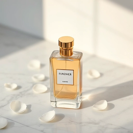 A modern, elegant perfume bottle with a sleek glass design, golden cap, and soft glowing light reflecting on a marble surface, surrounded by delicate floating petals of white jasmine and bergamot, subtle luxury ambiance, minimalist high-end cosmetic photography style
