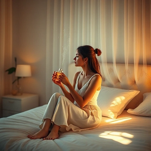 A serene, softly lit bedroom scene with a woman sitting calmly on the edge of a bed, holding an open perfume bottle, a delicate mist of fragrance swirling gently around her like translucent ribbons of lavender, vanilla, and citrus, evoking calm and emotional uplift; warm ambient lighting, pastel tones, subtle bokeh, no text or labels, photorealistic yet dreamlike quality