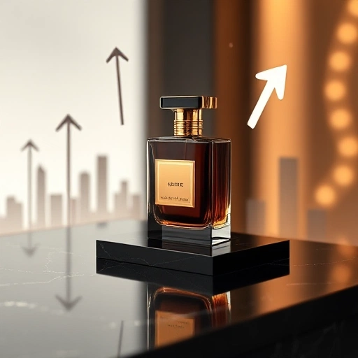 A luxurious perfume bottle with golden accents, placed on a sleek black marble surface, surrounded by floating abstract symbols of success — upward arrows, subtle city skyline silhouettes, and soft glowing particles, all in a minimalist, high-end aesthetic with warm ambient lighting and shallow depth of field