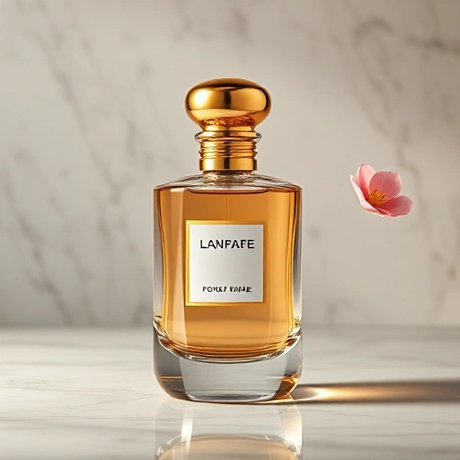 A luxurious perfume bottle with golden cap and delicate floral scent trails swirling around it, soft ambient lighting, elegant glass surface reflecting warm tones, minimalist background with subtle marble texture, high detail, photorealistic, smallHQ style