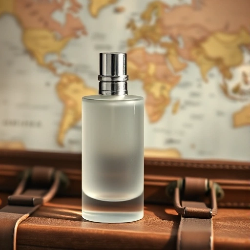 A minimalist travel perfume bottle made of frosted glass with a metallic silver cap, placed on a wooden suitcase with a vintage map background, soft natural lighting, elegant and serene atmosphere, no text or labels visible