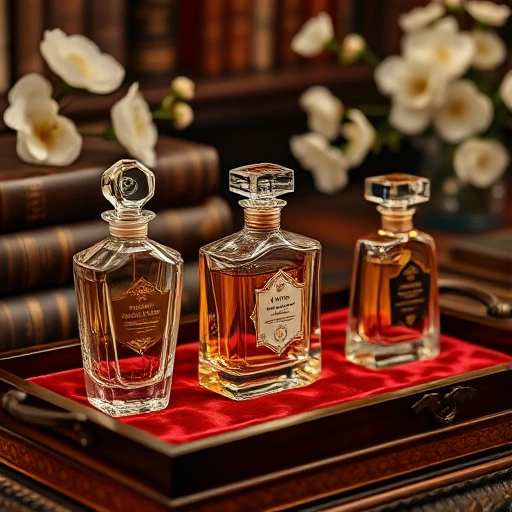 A luxurious display of exclusive perfumes for collectors, featuring rare crystal bottles with intricate gold detailing, placed on a velvet-lined mahogany tray under soft spotlighting, surrounded by antique books and subtle hints of blooming flowers in the background, evoking elegance and rarity