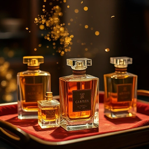 A luxurious display of exclusive perfumes for collectors, featuring elegant crystal bottles with intricate gold detailing, arranged on a velvet-lined mahogany tray under soft spotlighting, with subtle hints of rare botanicals like oud, saffron, and ambergris floating in the air as translucent golden particles, evoking sophistication and rarity