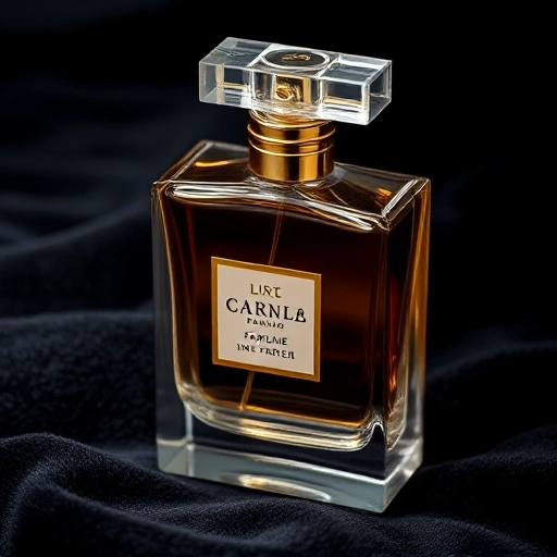 A luxurious perfume bottle made of clear crystal with a gold cap, placed on a velvet black surface, soft ambient lighting highlighting the elegance and quality, no text or labels visible