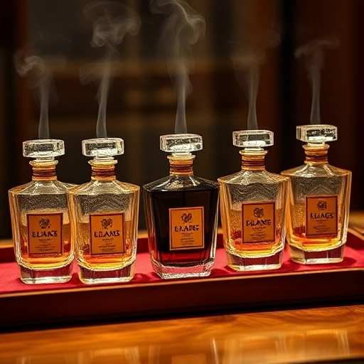 A luxurious display of exclusive perfumes for collectors: elegant crystal bottles with intricate gold detailing, arranged on a velvet-lined mahogany tray under soft spotlighting, with faint wisps of aromatic vapor rising subtly from each bottle, evoking rarity and sophistication