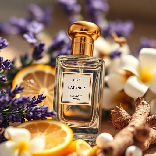 A close-up of a luxurious perfume bottle made of clear glass with a golden cap, surrounded by natural ingredients like fresh lavender, bergamot slices, jasmine flowers, and vetiver roots, softly lit by warm natural light, shallow depth of field, elegant and serene composition