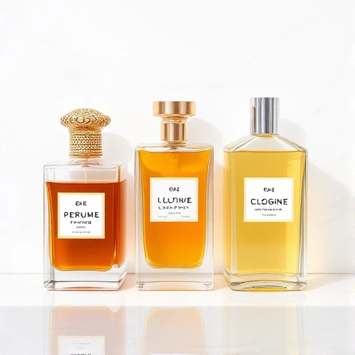A clean, minimalist illustration showing three glass perfume bottles side by side on a white marble surface: one labeled 'Perfume' with a deep amber liquid and ornate gold cap, one labeled 'Eau de Toilette' with a lighter golden liquid and silver cap, and one labeled 'Eau de Cologne' with a pale citrus-yellow liquid and simple clear cap. Soft natural lighting, subtle reflections, no text or labels visible on the bottles, no people, no background clutter, ultra-high detail, smallHQ style