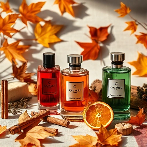 A sophisticated autumn perfume display featuring elegant glass bottles with warm amber, deep burgundy, and forest green liquids, surrounded by fallen maple leaves, cinnamon sticks, dried orange slices, and soft woody textures, evoking cozy, rich, and earthy fragrance trends of the season, soft natural lighting, minimalist luxury aesthetic
