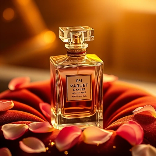 A luxurious perfume bottle made of crystal glass with gold accents, placed on a velvet cushion in soft golden lighting, surrounded by delicate rose petals and subtle sparkles, evoking elegance and opulence