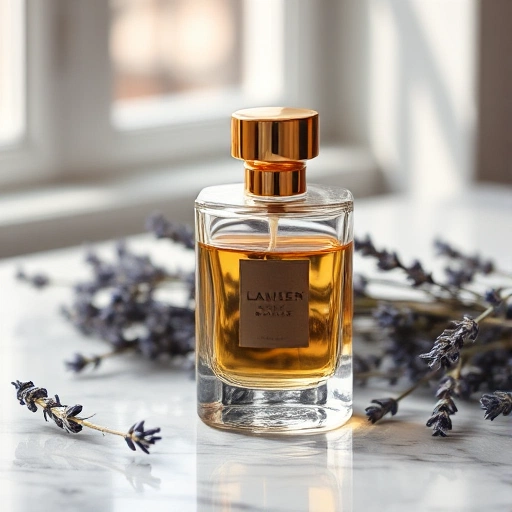 A close-up of an elegant glass perfume bottle with a golden cap, placed on a marble surface surrounded by dried lavender sprigs, soft morning light filtering through a nearby window, subtle reflections on the glass, minimalist and luxurious atmosphere