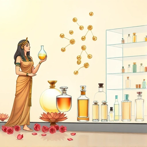 A timeline illustration showing the evolution of perfume from ancient times to modern day: on the left, an Egyptian priestess holding a glass vial with hieroglyphic patterns, surrounded by lotus flowers and incense burners; in the center, a Roman apothecary with glass alembics and rose petals; on the right, a modern perfumer in a sleek laboratory with transparent bottles, molecular structures floating subtly in the air, and a minimalist glass display of contemporary fragrances; soft golden light