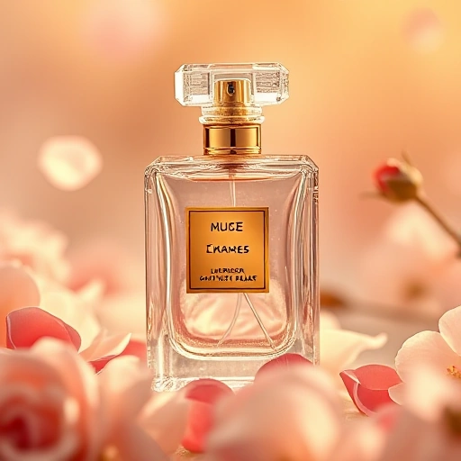A luxurious perfume bottle made of clear crystal with golden accents, floating in soft golden light, surrounded by delicate rose petals and jasmine flowers, elegant and sophisticated atmosphere, high detail, smallHQ style