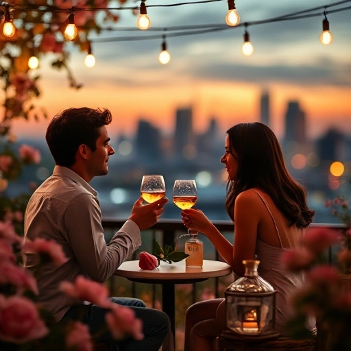 A romantic evening setting with a couple sitting at a small outdoor table under soft string lights, holding glasses of wine, with a single rose and an open perfume bottle nearby, surrounded by blooming flowers and a blurred city skyline at dusk, warm and intimate atmosphere
