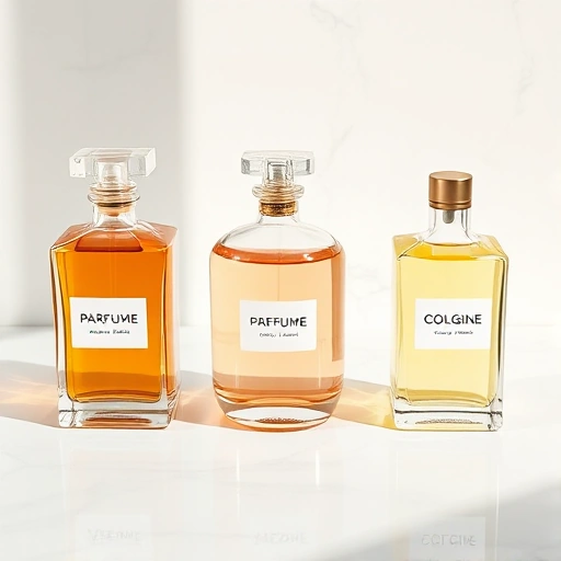 A clear, educational illustration comparing perfume, eau de toilette, and cologne: three elegant glass bottles arranged side by side on a white marble surface, each labeled in minimalist typography (without readable text) — one tall and slender for perfume (deep amber liquid), one medium for eau de toilette (light rose-gold liquid), one short and squat for cologne (pale citrus-yellow liquid); soft natural lighting from the left, subtle reflections on the marble, no people, no text, no logos, no
