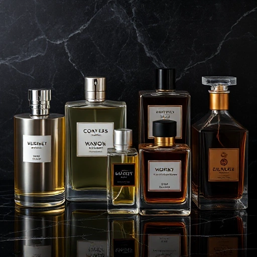A sophisticated collage of men's fragrance bottles arranged on a dark marble surface, featuring sporty citrus scents in sleek silver flacons on the left, transitioning to rich woody and oriental evening fragrances in heavy glass bottles with gold accents on the right, soft ambient lighting highlighting the glass textures and liquid colors, no text or labels visible