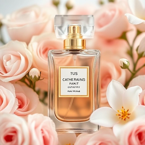 A luxurious perfume bottle for women, elegant glass design with golden accents, surrounded by delicate flowers like roses and jasmine, soft natural lighting, high detail, premium cosmetic product photography