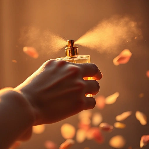 A close-up of a person's wrist spraying perfume from an elegant glass bottle, with soft golden light highlighting the mist, surrounded by delicate flowers like jasmine and rose petals floating in the air, minimalist luxury aesthetic, shallow depth of field, warm neutral tones