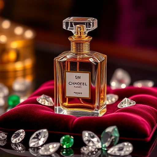 A luxurious perfume bottle made of crystal and gold, placed on a velvet cushion beside sparkling diamonds, rubies, and emeralds, soft ambient lighting highlighting reflections and elegance, high detail, photorealistic, smallHQ style